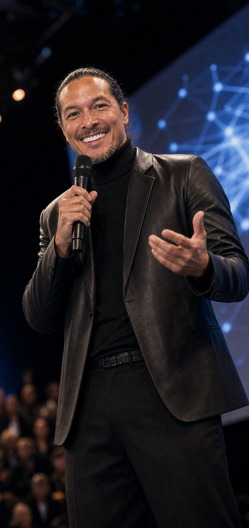 Patrick Ribbsaeter speaking on stage at an AI event